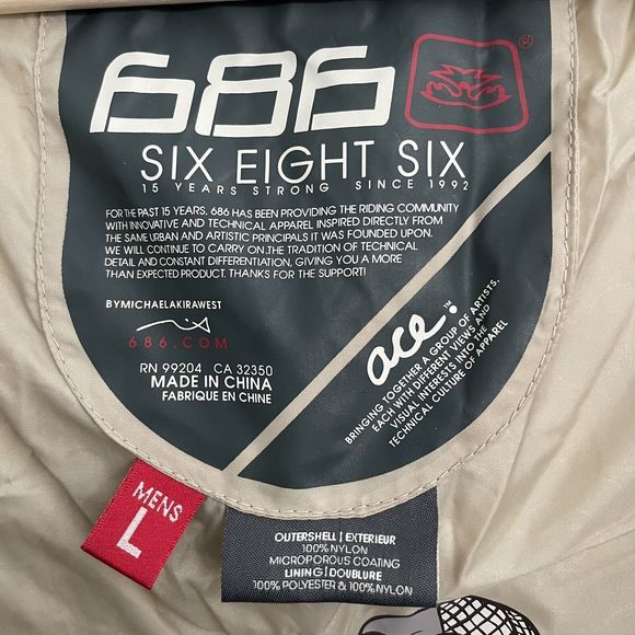 Mens 686 ACE Snowboarding JACKET Size LARGE Winter Coat Khaki Tan Down 15 Years - Picture 4 of 16